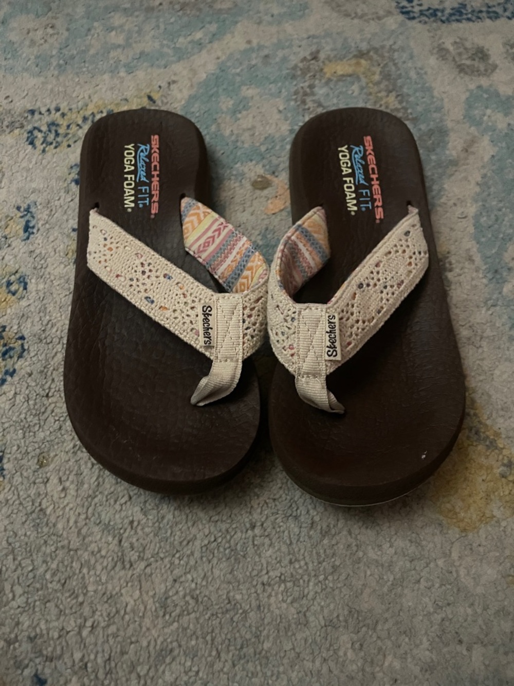 Skechers Brown Flip Flop Sandals with Cream Crochet Straps